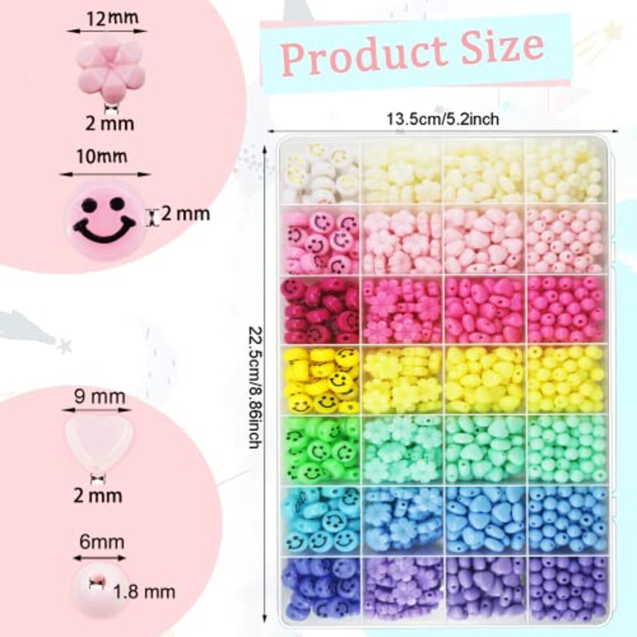 1260 Pieces Acrylic Pastel Beads, Candy Color Flower Beads Happy Face Beads Heart Beads Round Shaped Beads Colorful Assorted Cute Beads Kawaii Beads Bulk for Bracelets Jewelry Making Phone Charm Bead